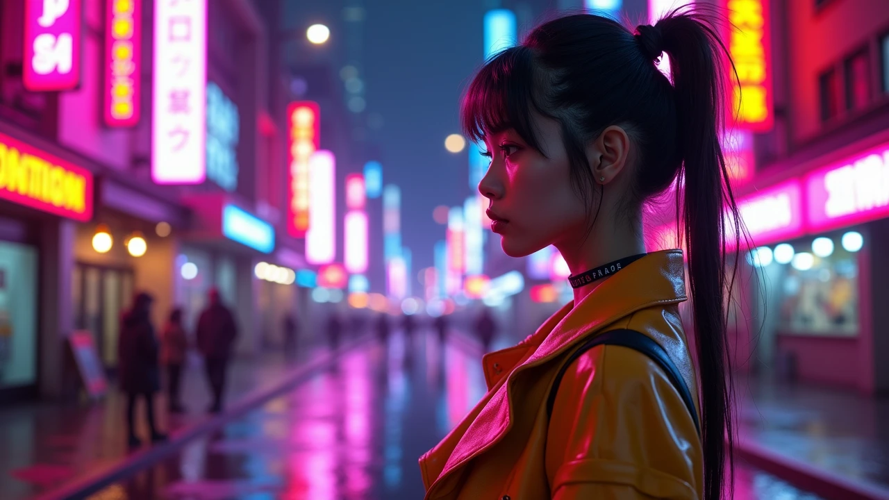 شخصية أنمي وايفو بتصميم سايبربانك تحت أضواء مدينة أرجوانية وصفراء زاهية