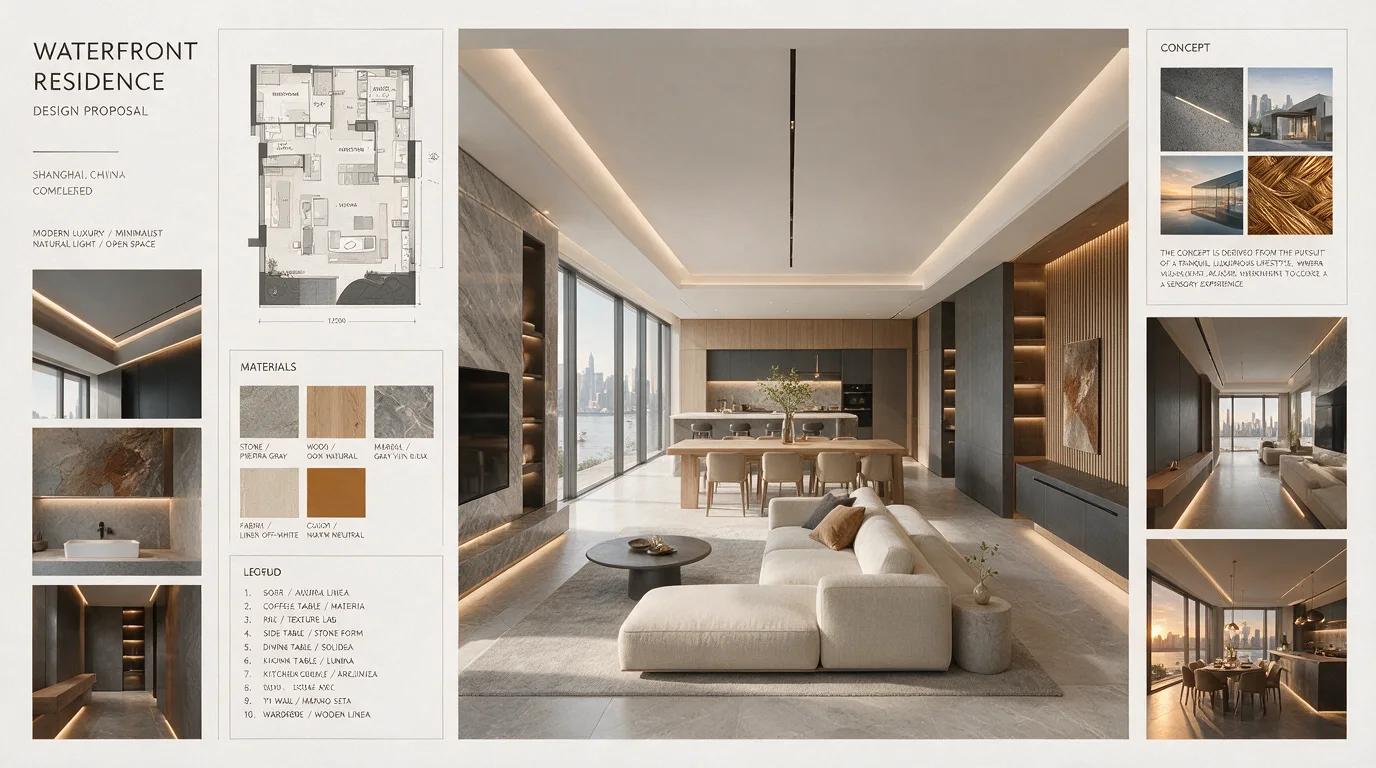 فكرة تصميم داخلي سكني مفتوح مع خشب فاتح ونوافذ كبيرة